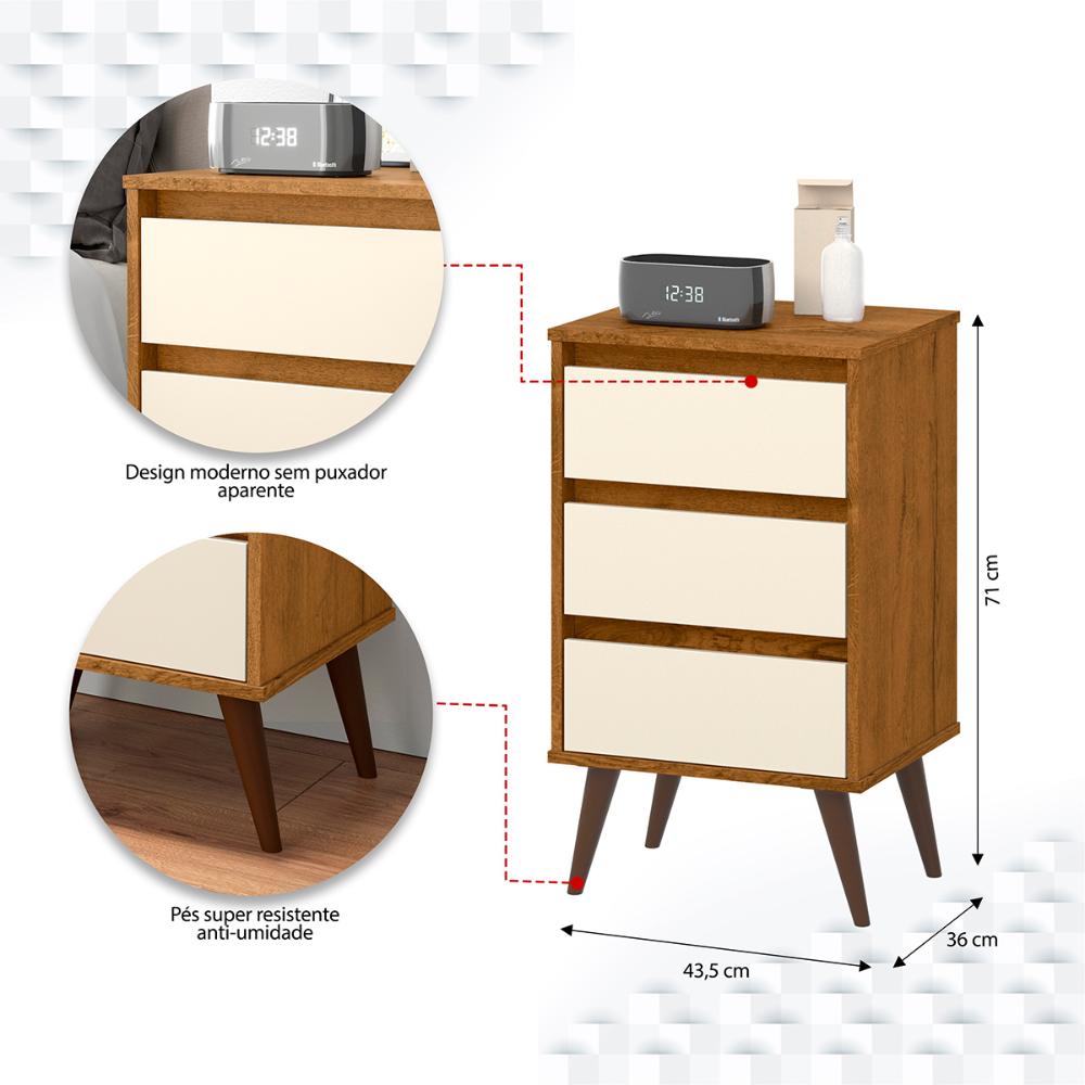 Mesa de Cabeceira Retrô Wood 3 Gavetas Organizadoras Pés Palito Anti-Umidade Mesinha Decorativa Quarto Lateral Cama - Freijó/Off White - RPM Móveis