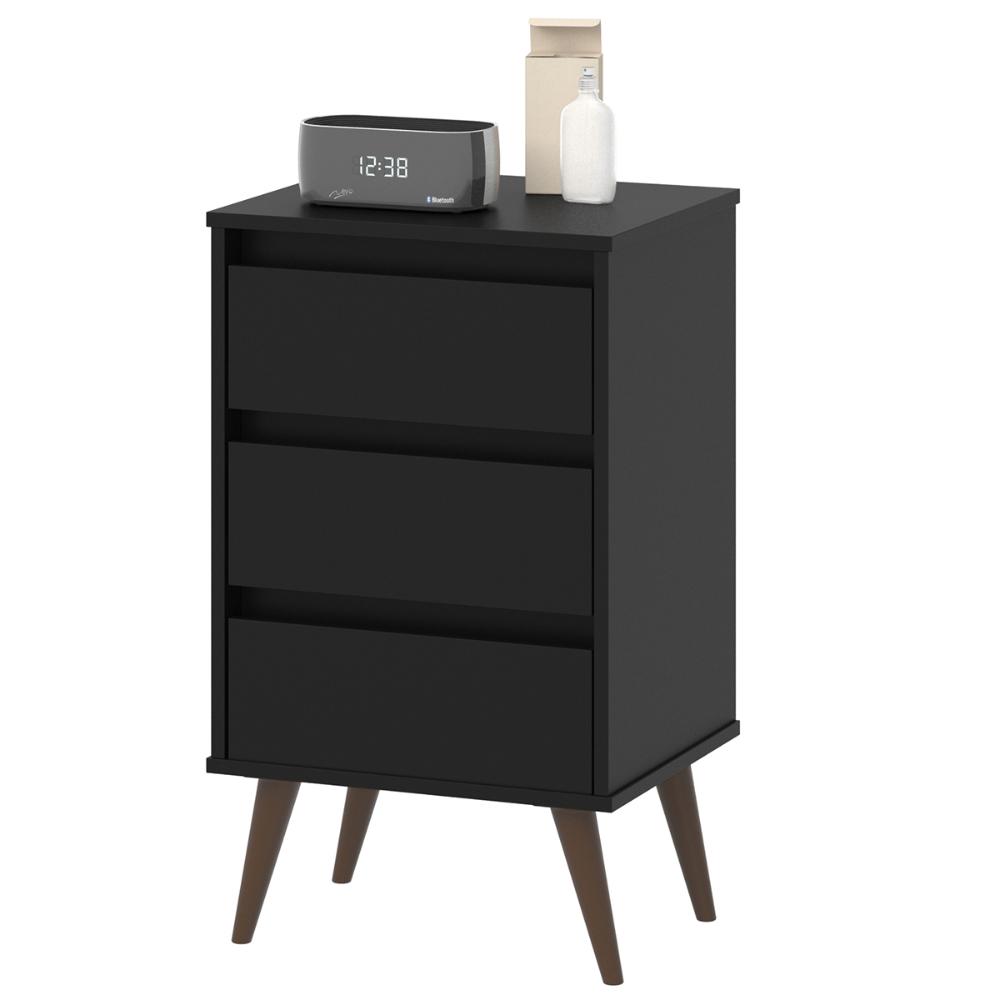 Mesa de Cabeceira Retrô Wood 3 Gavetas Organizadoras Pés Palito Anti-Umidade Mesinha Decorativa Quarto Lateral Cama - Preto - RPM Móveis
