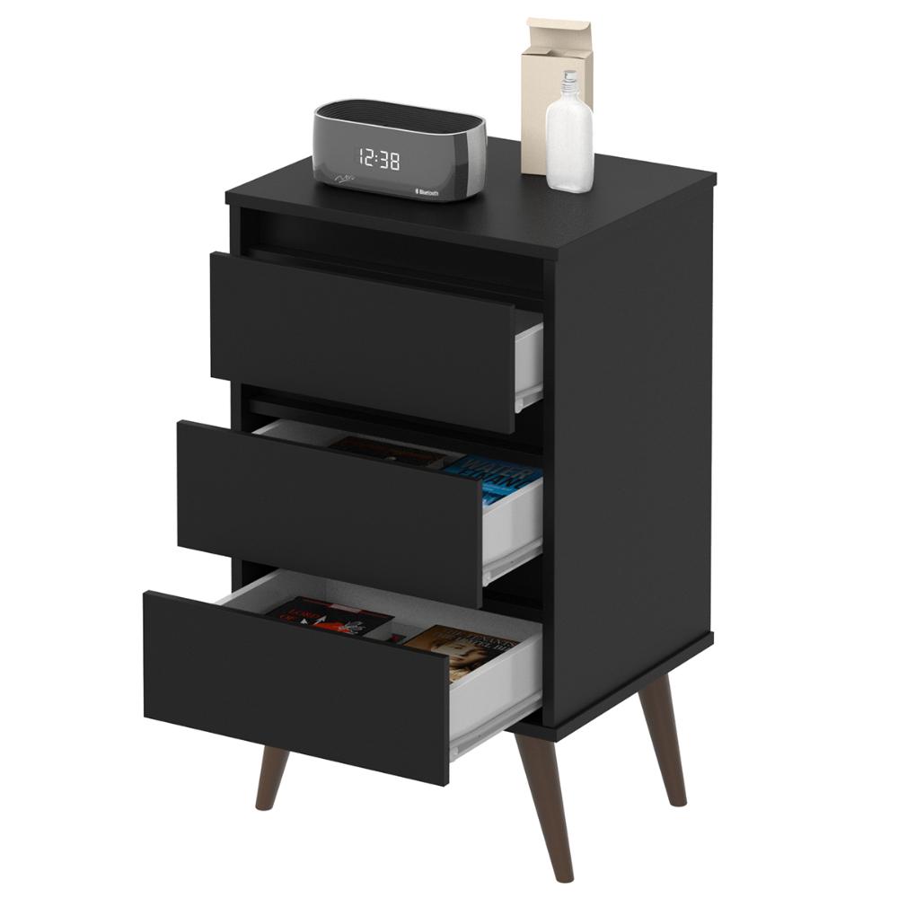 Mesa de Cabeceira Retrô Wood 3 Gavetas Organizadoras Pés Palito Anti-Umidade Mesinha Decorativa Quarto Lateral Cama - Preto - RPM Móveis