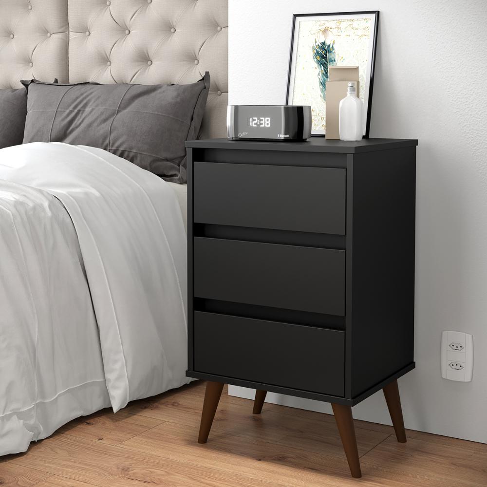 Mesa de Cabeceira Retrô Wood 3 Gavetas Organizadoras Pés Palito Anti-Umidade Mesinha Decorativa Quarto Lateral Cama - Preto - RPM Móveis