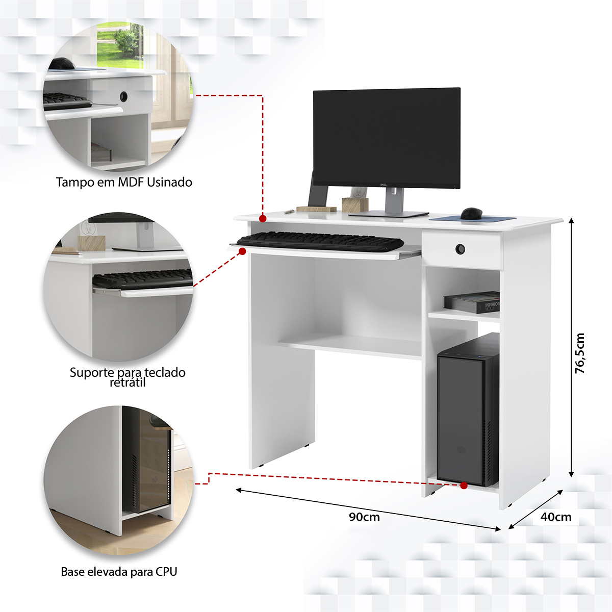 Mesa de Computador Escrivaninha com Gaveta Retrô Cantinho Estudo Escritório Quarto Pequeno – Viena - Branco - RPM
