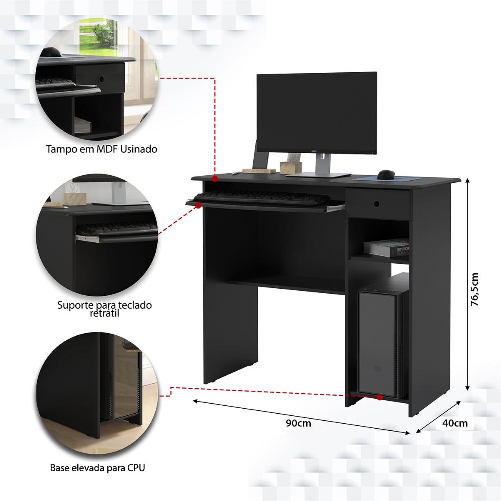 Mesinha PC Notebook Escrivaninha para Computador Gaveta Nicho Prateleira Canto Quarto Escritório Consultório – Viena - Preto - RPM