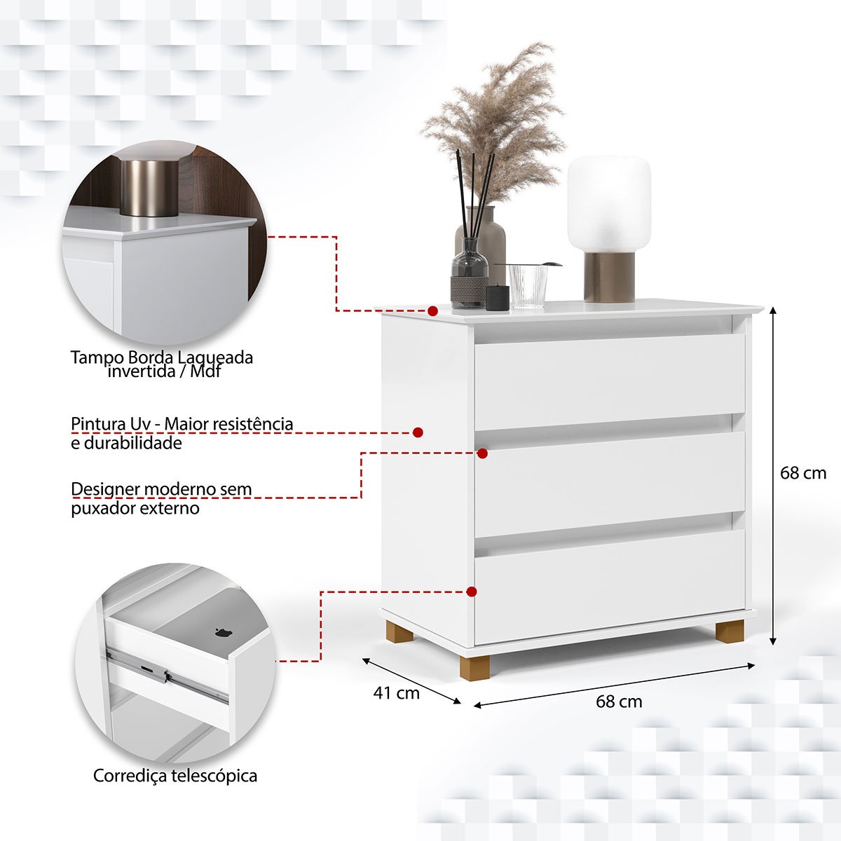 Mini Cômoda para Quarto 3 Gavetas Prisma Branco