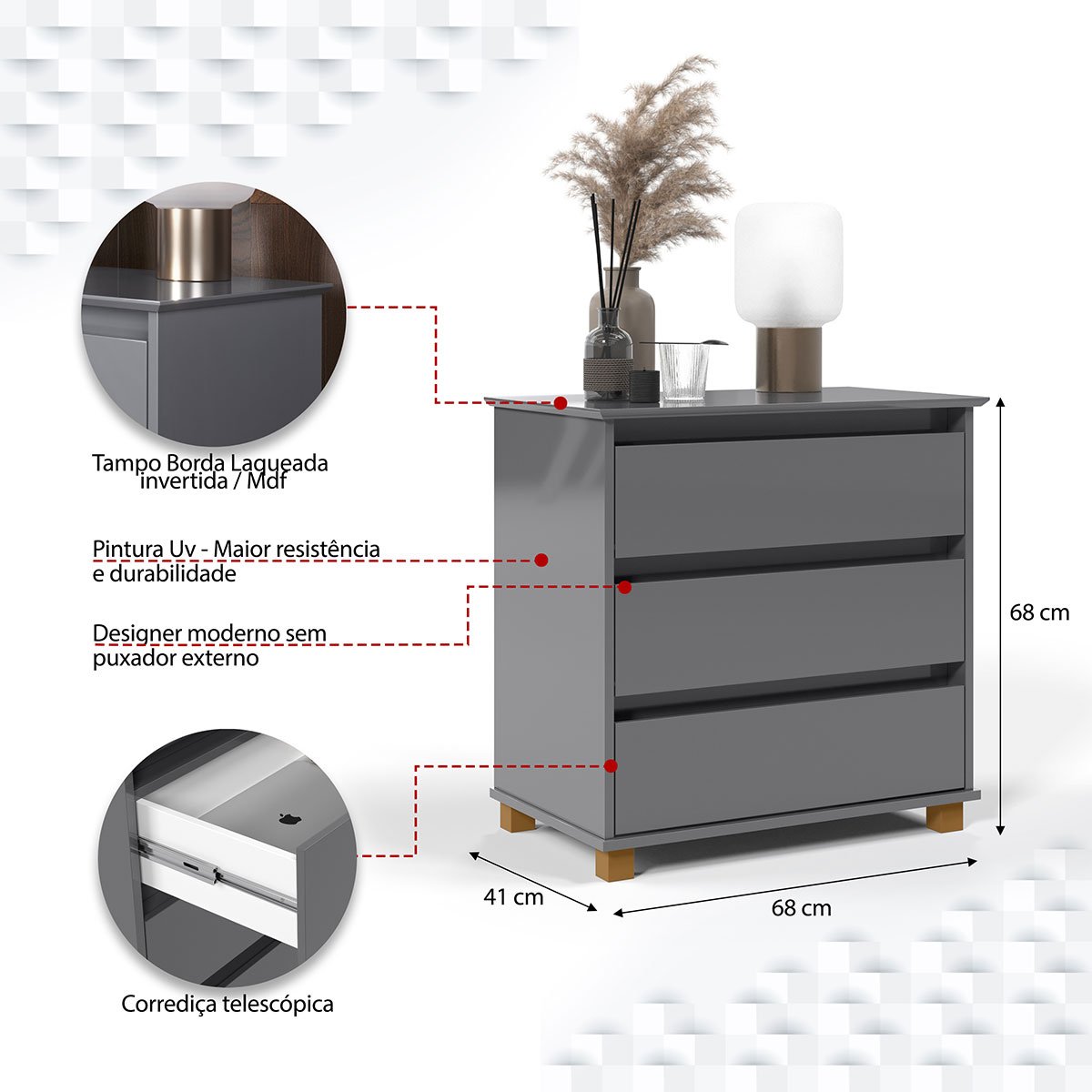 Mini Cômoda para Quarto 3 Gavetas Prisma Cinza