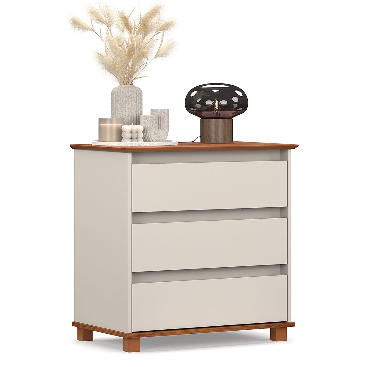 Mini Cômoda para Quarto 3 Gavetas Prisma Off White/Freijó