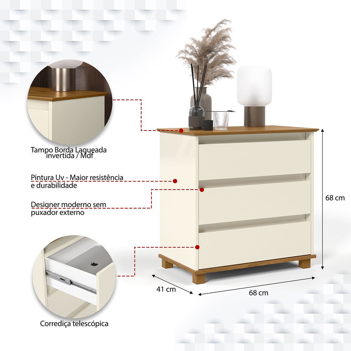 Mini Cômoda para Quarto 3 Gavetas Prisma Off White/Freijó