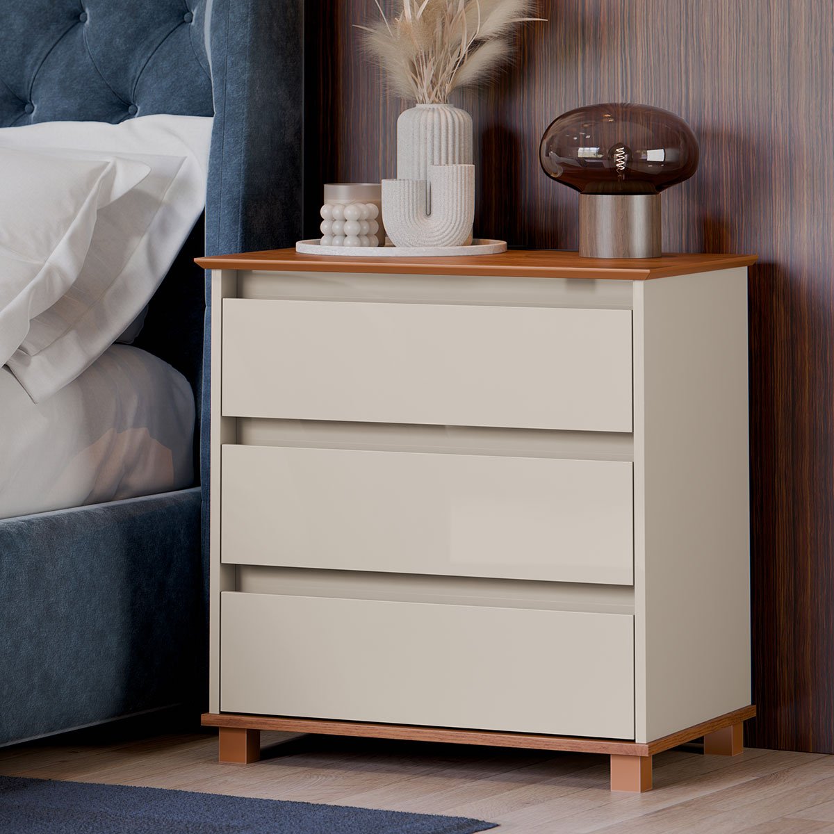 Mini Cômoda para Quarto 3 Gavetas Prisma Off White/Freijó