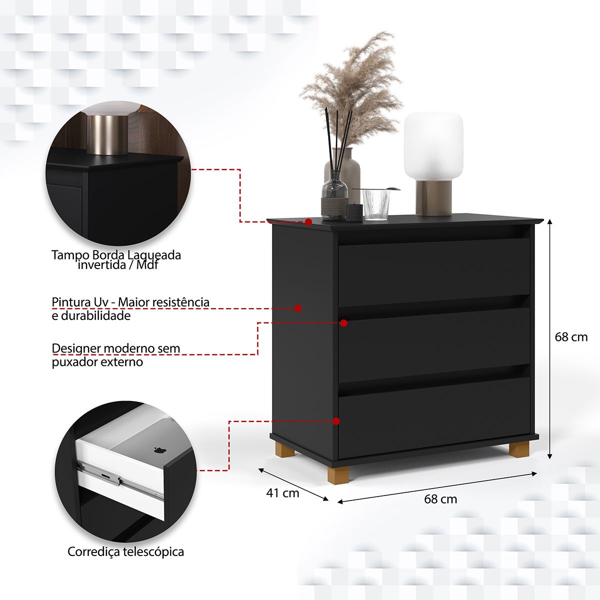 Mini Cômoda para Quarto 3 Gavetas Prisma Preto