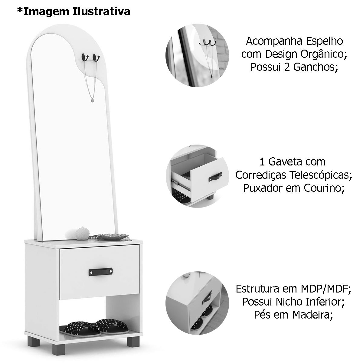 Toucador com Espelho 1 Gaveta Nicho e 2 Ganchos Oranix Preto
