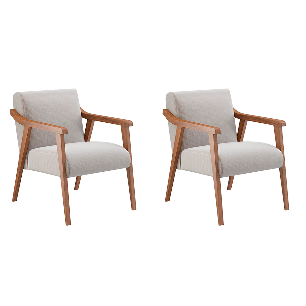 Conjunto com 2 Poltrona Flávia Algodão Bege e Nogueira