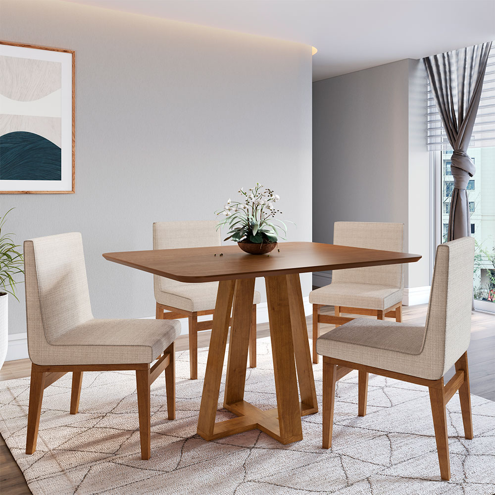 Conjunto de Mesa de Jantar Retangular com Tampo Madeira Frame e 4 Cadeiras Biena Algodão Bege e Nogueira