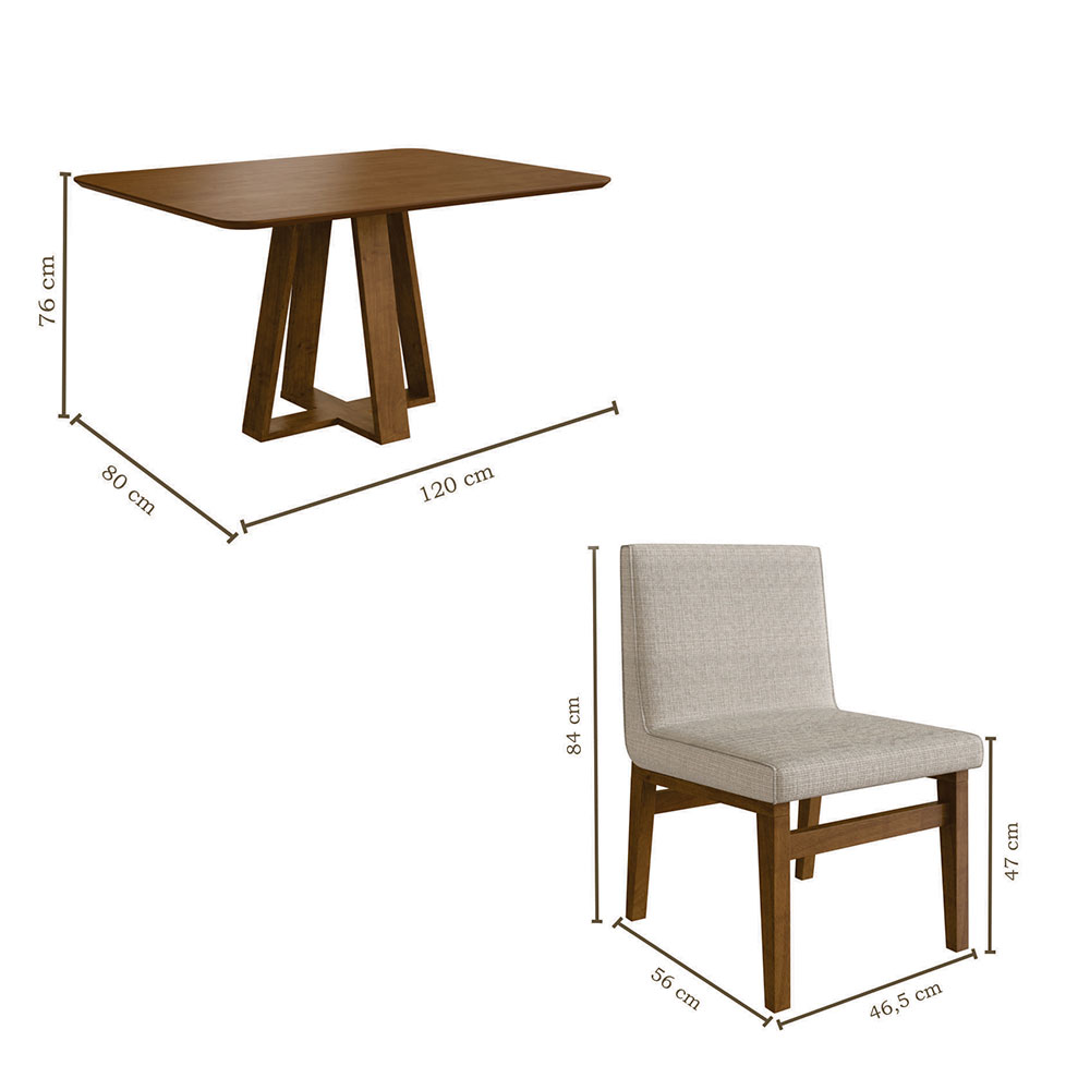 Conjunto de Mesa de Jantar Retangular com Tampo Madeira Frame e 4 Cadeiras Biena Algodão Bege e Nogueira