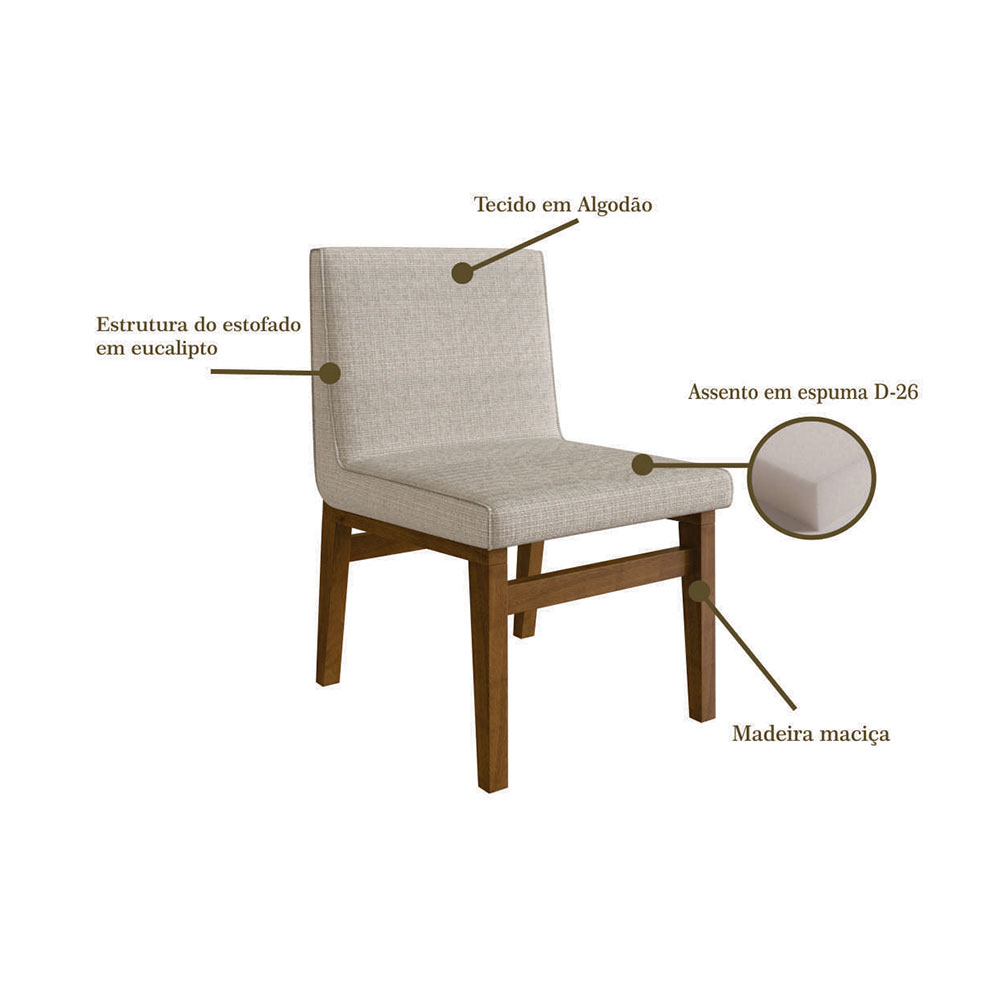 Conjunto de Mesa de Jantar Retangular com Tampo Madeira Frame e 4 Cadeiras Biena Algodão Bege e Nogueira