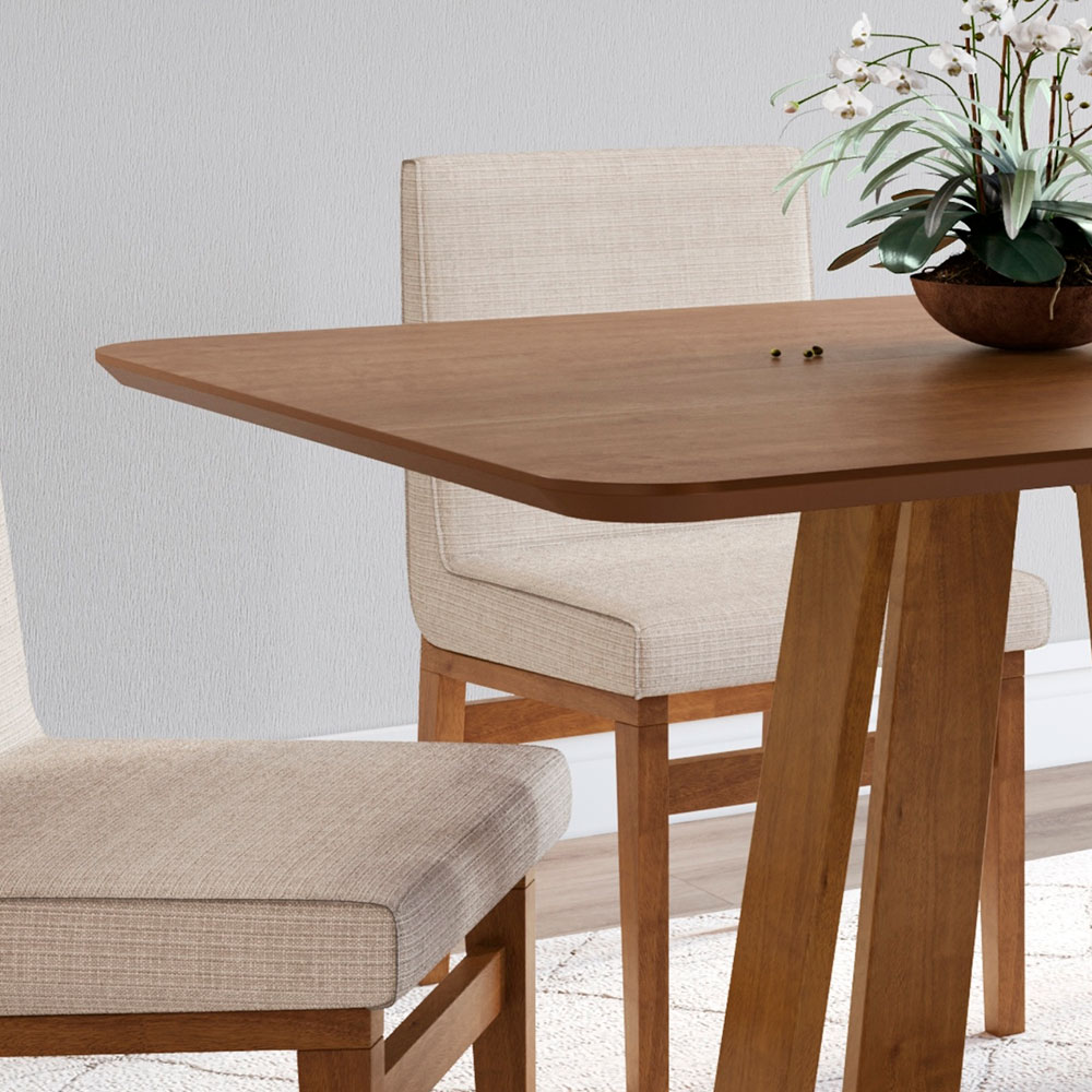 Conjunto de Mesa de Jantar Retangular com Tampo Madeira Frame e 4 Cadeiras Biena Algodão Bege e Nogueira