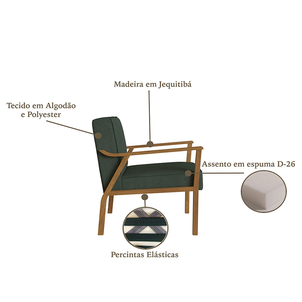 Poltrona Antonia Algodão Verde e Nogueira