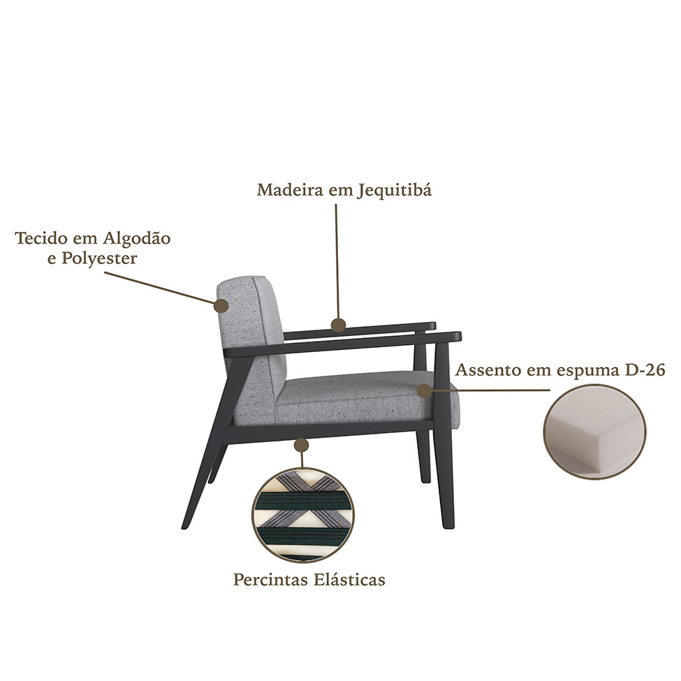 Poltrona Julia Algodão Cinza e Preta