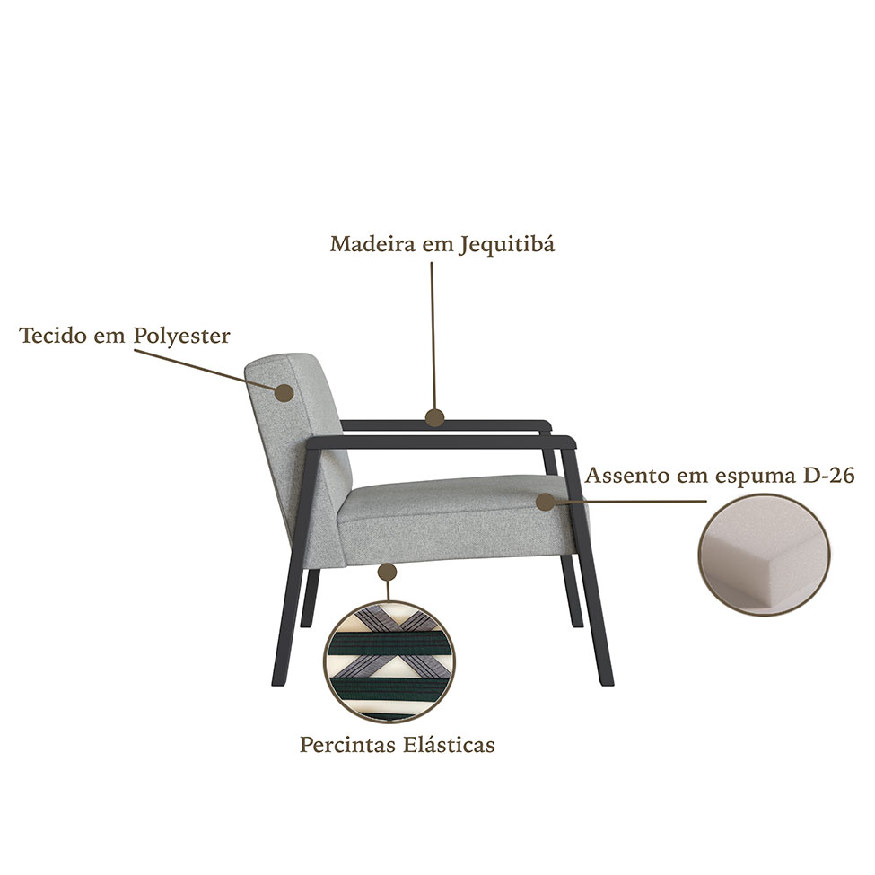 Poltrona Slim Poliéster Cinza Claro e Preta