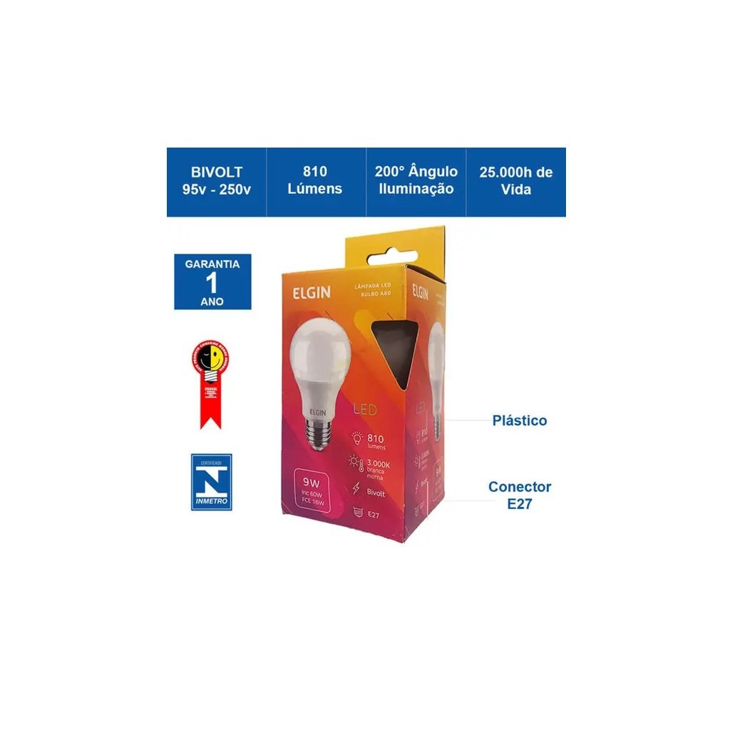 Lâmpada Led Bulbo A60 9W 3000K Branca Morna - Elgin