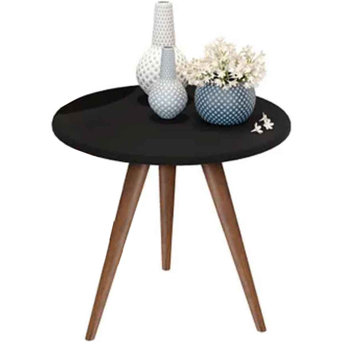 Mesa Lateral Redonda Vitória Pés de 50 cm em Madeira Maciça e Tampo MDF Preto