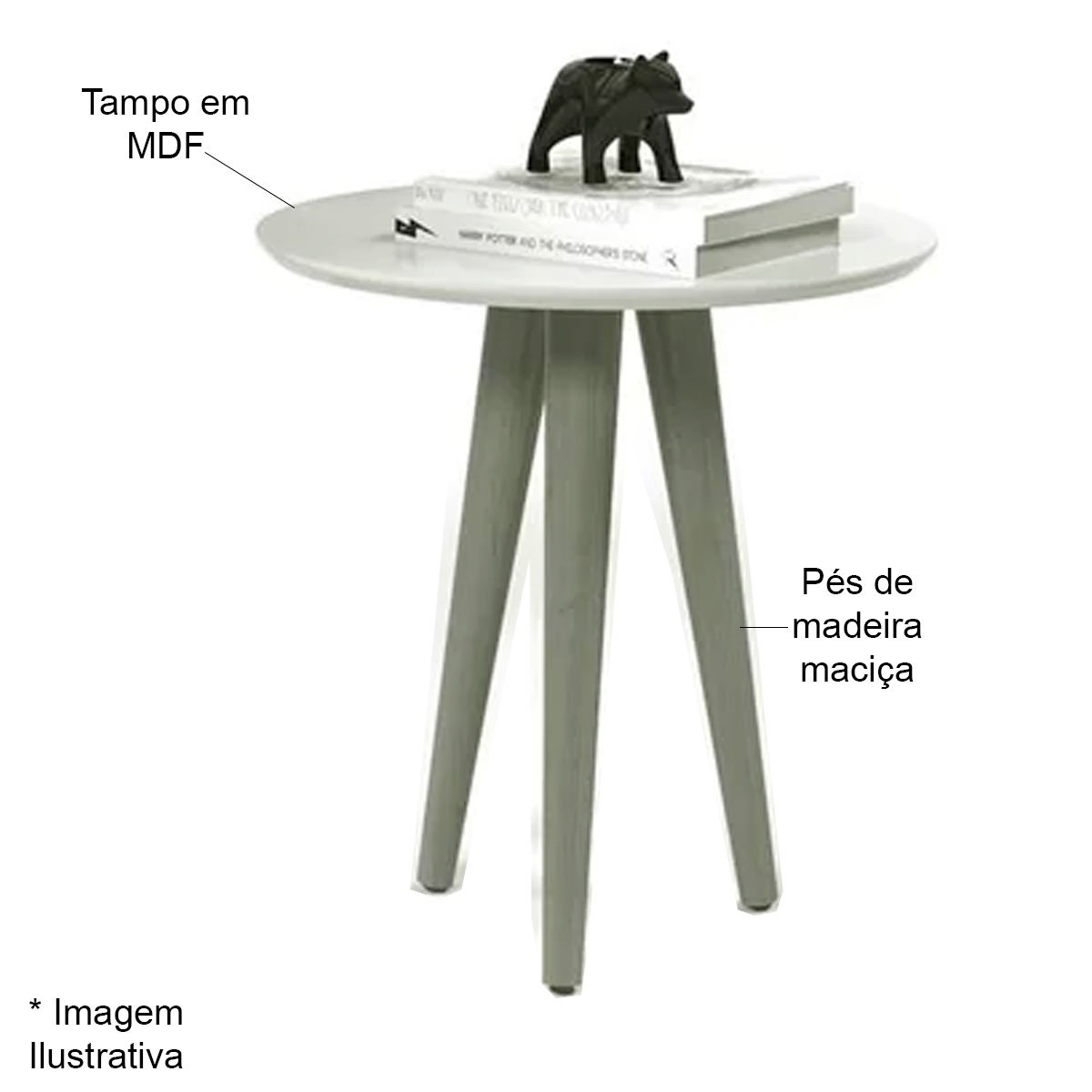 Mesa Lateral Redonda Vitória Pés de 50 cm em Madeira Maciça e Tampo MDF Preto