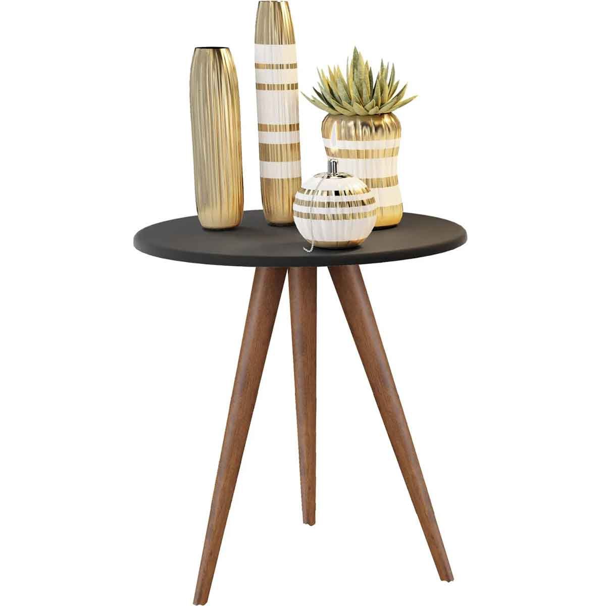 Mesa de Apoio Redonda Vitória Pé de 60 cm em Madeira Maciça e Tampo MDF Preto