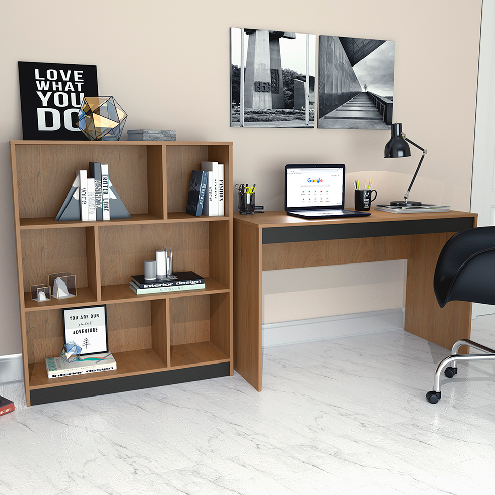Conjunto de Mesa para Notebook Hype com Estante de Escritório Darci Preto e Mel