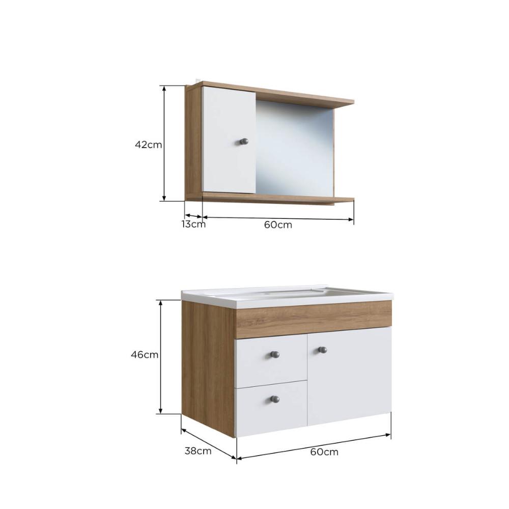 Gabinete Para Banheiro Suspenso 60CM com Lavatorio e Espelheira Mel Branco CLVP02 Versato Nova Móbile