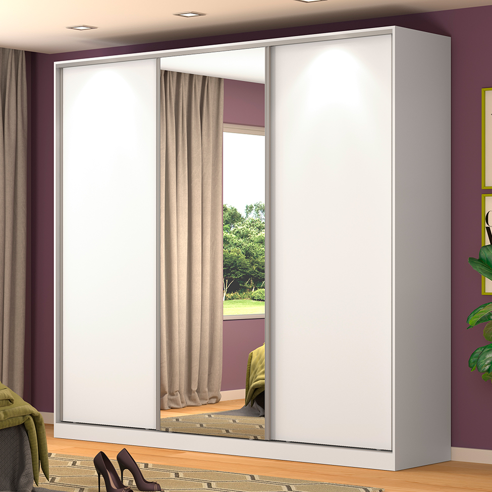 Guarda-Roupa Casal com Espelho Tunas I 3 Portas 3 Gavetas Branco