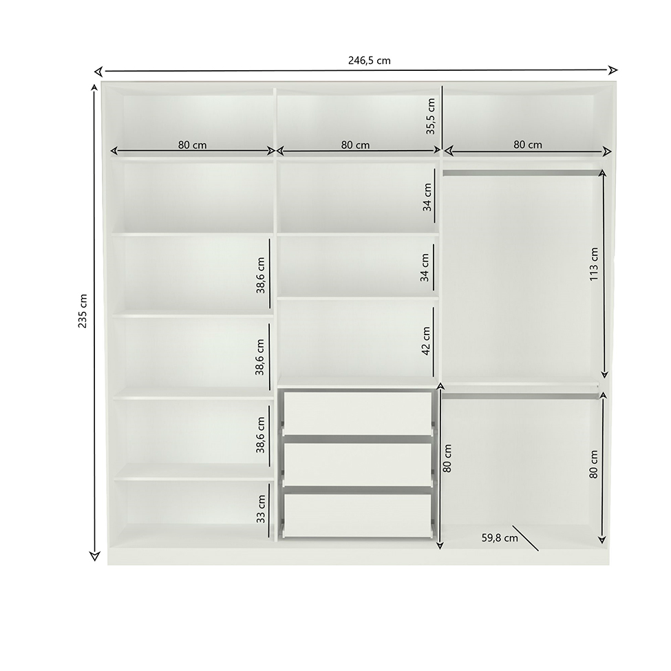 Guarda-Roupa Casal com Espelho Tunas I 3 Portas 3 Gavetas Branco