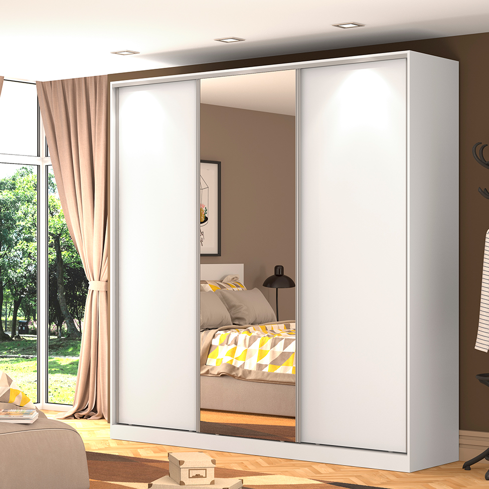 Guarda-Roupa Casal com Espelho Tunas V 3 Portas 3 Gavetas Branco