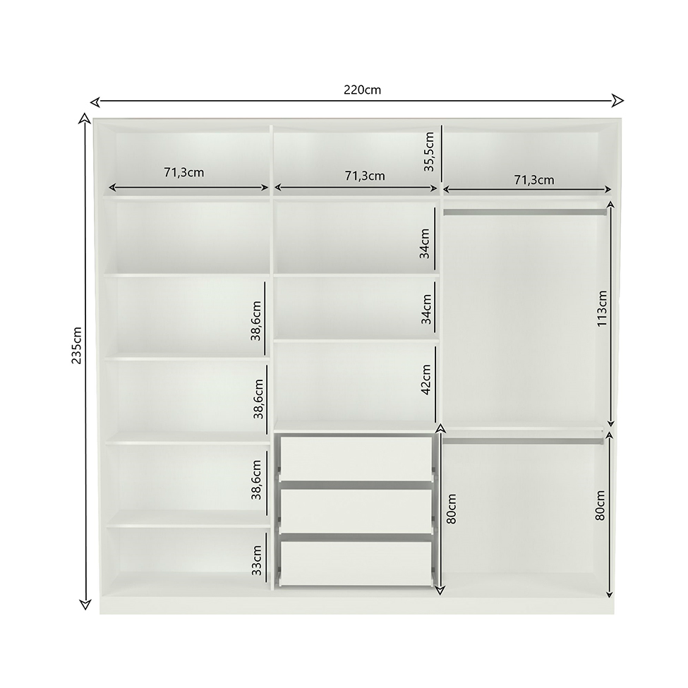 Guarda-Roupa Casal com Espelho Tunas VI 3 Portas 3 Gavetas Branco
