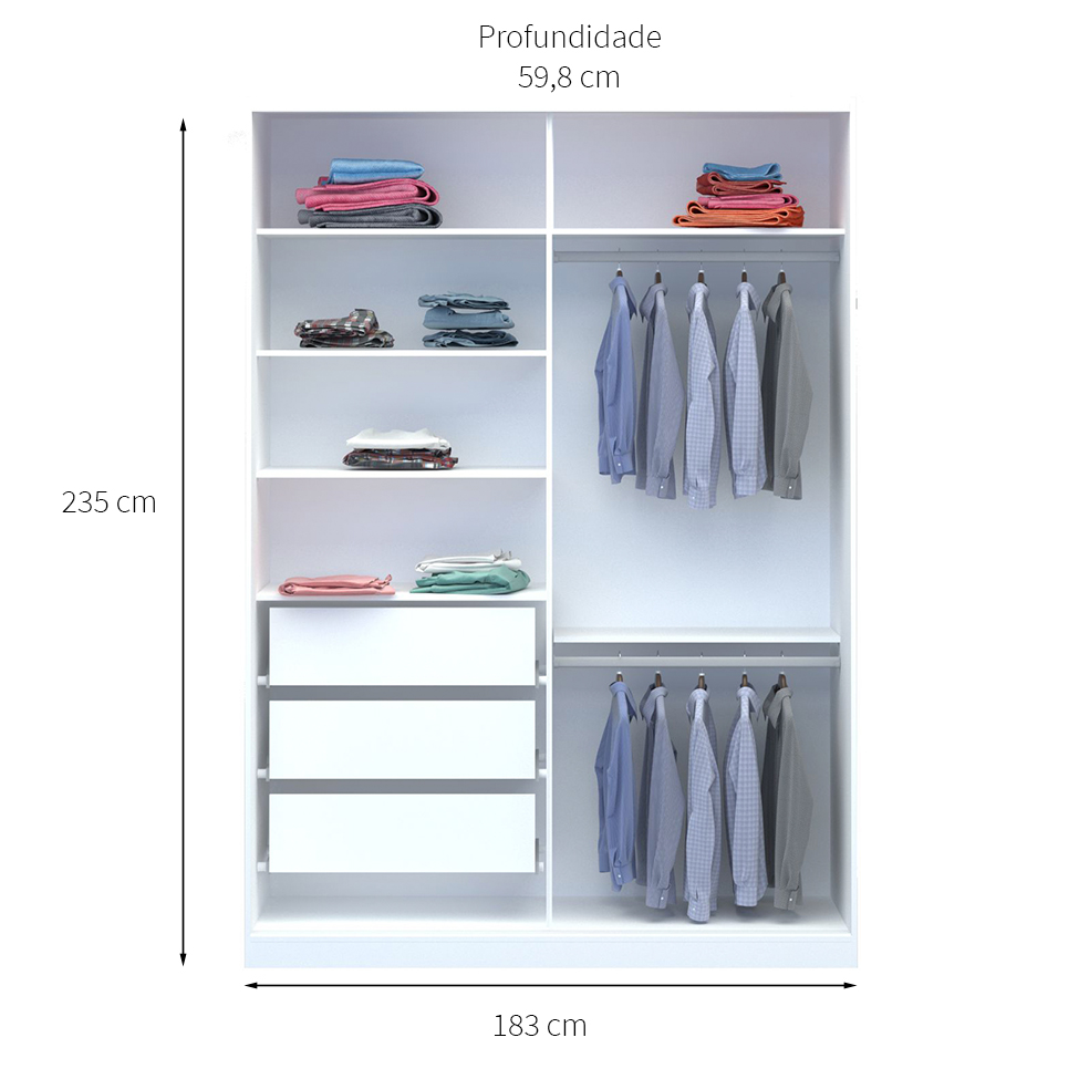 Guarda-Roupa Solteiro Tunas II 2 Portas 3 Gavetas Branco
