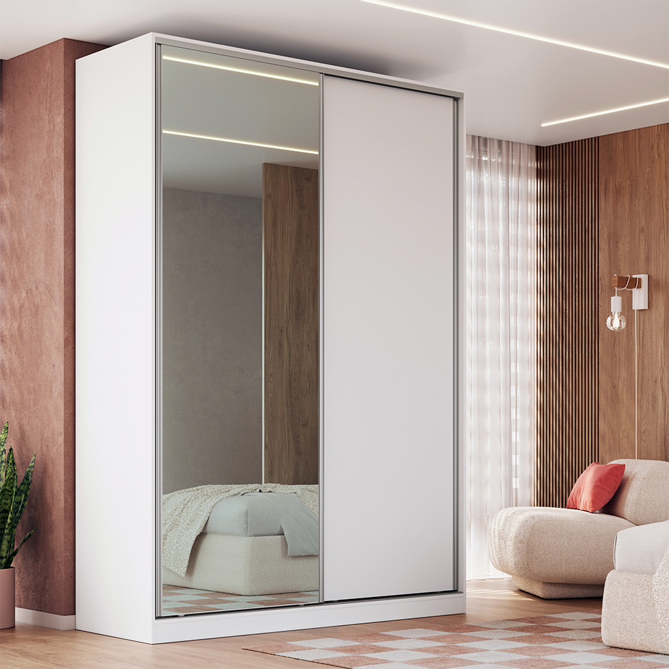 Guarda-Roupa Solteiro com Espelho Tunas I 2 Portas 3 Gavetas Branco