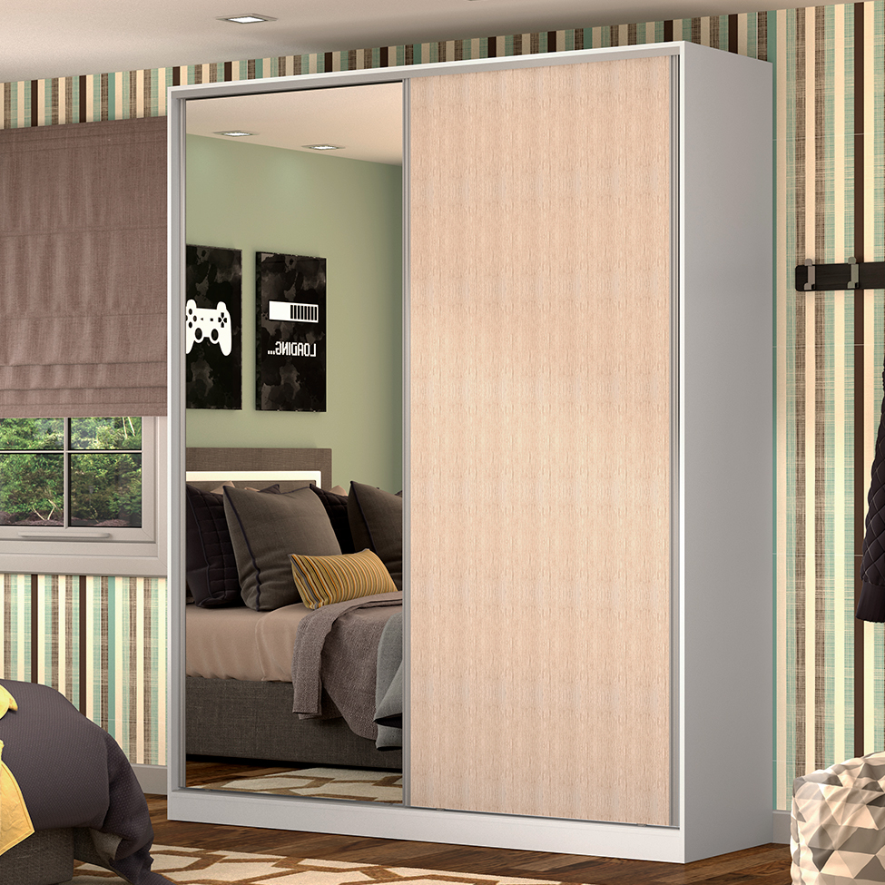Guarda-Roupa Solteiro com Espelho Tunas II 2 Portas 3 Gavetas Branco e Noce