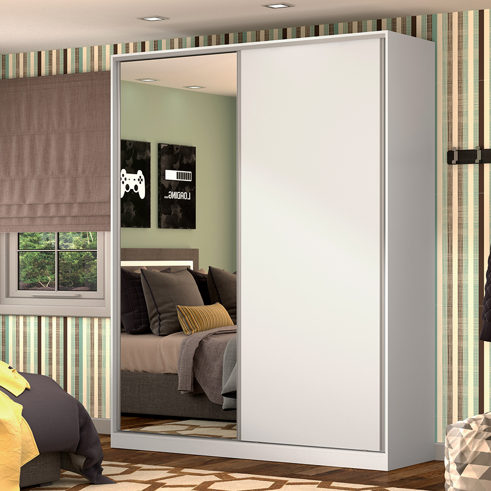 Guarda-Roupa Solteiro com Espelho Tunas III 2 Portas 3 Gavetas Branco