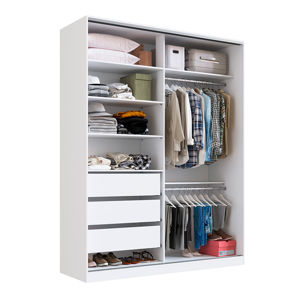 Guarda-Roupa Solteiro com Espelho Tunas III 2 Portas 3 Gavetas Branco