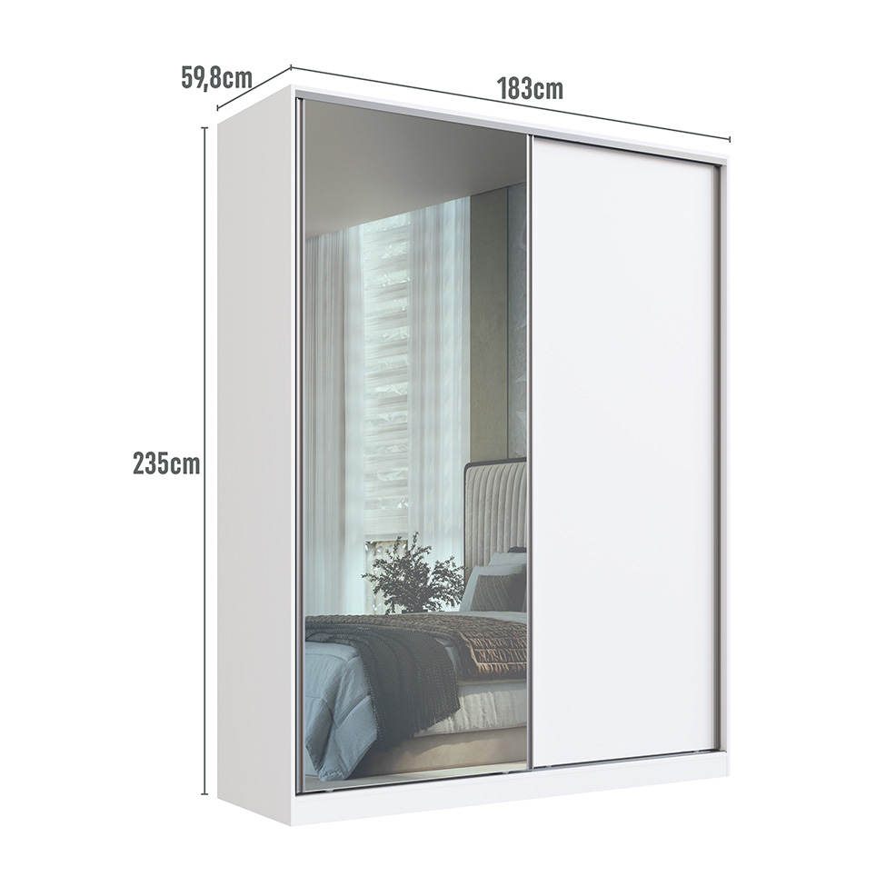 Guarda-Roupa Solteiro com Espelho Tunas III 2 Portas 3 Gavetas Branco