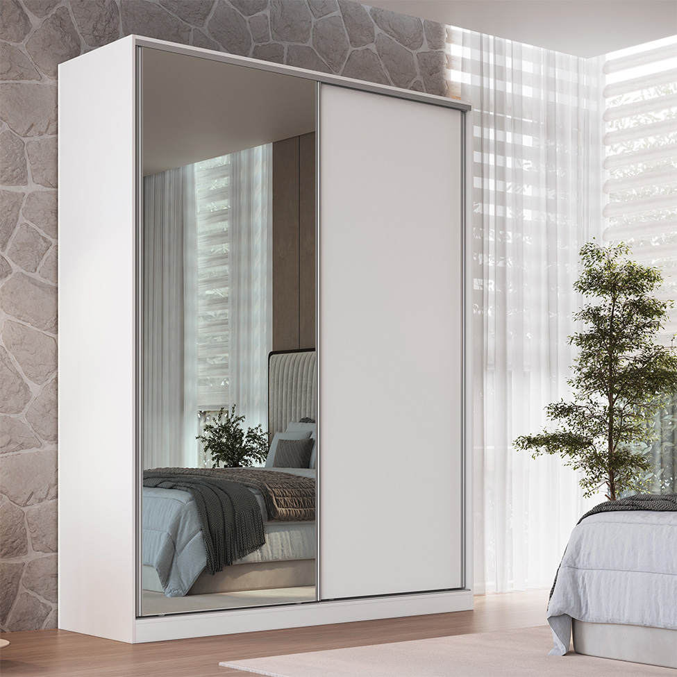 Guarda-Roupa Solteiro com Espelho Tunas III 2 Portas 3 Gavetas Branco
