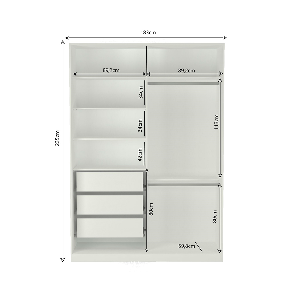 Guarda-Roupa Solteiro com Espelho Tunas III 2 Portas 3 Gavetas Branco
