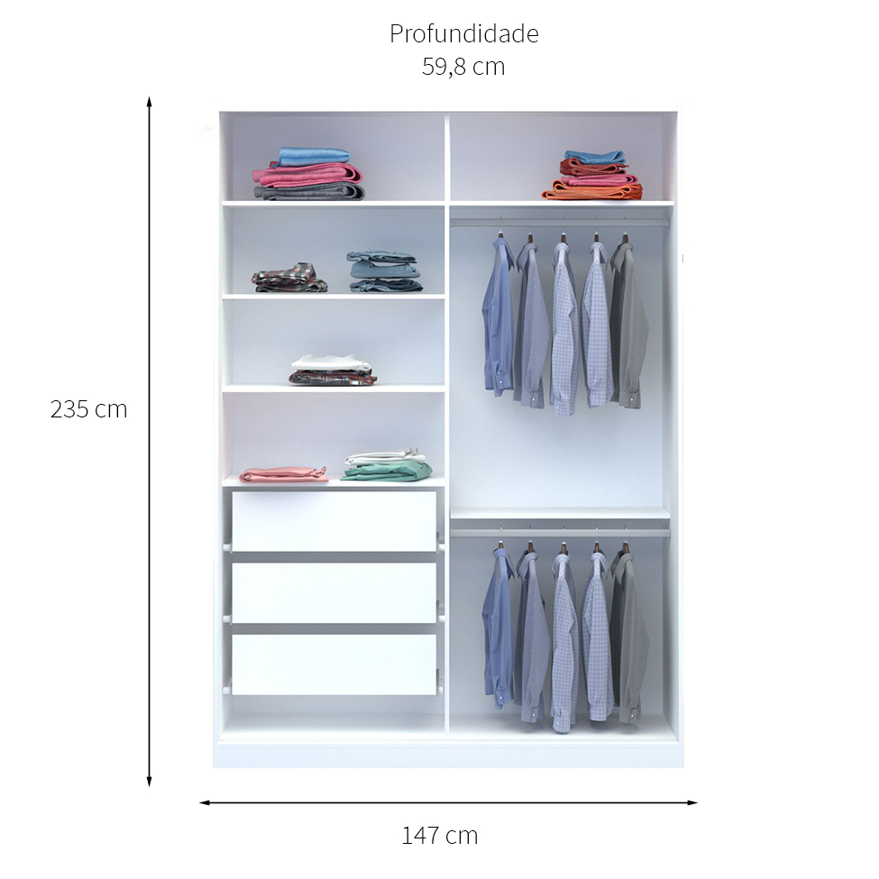 Guarda-Roupa Solteiro com Espelho Tunas V 2 Portas 3 Gavetas Branco