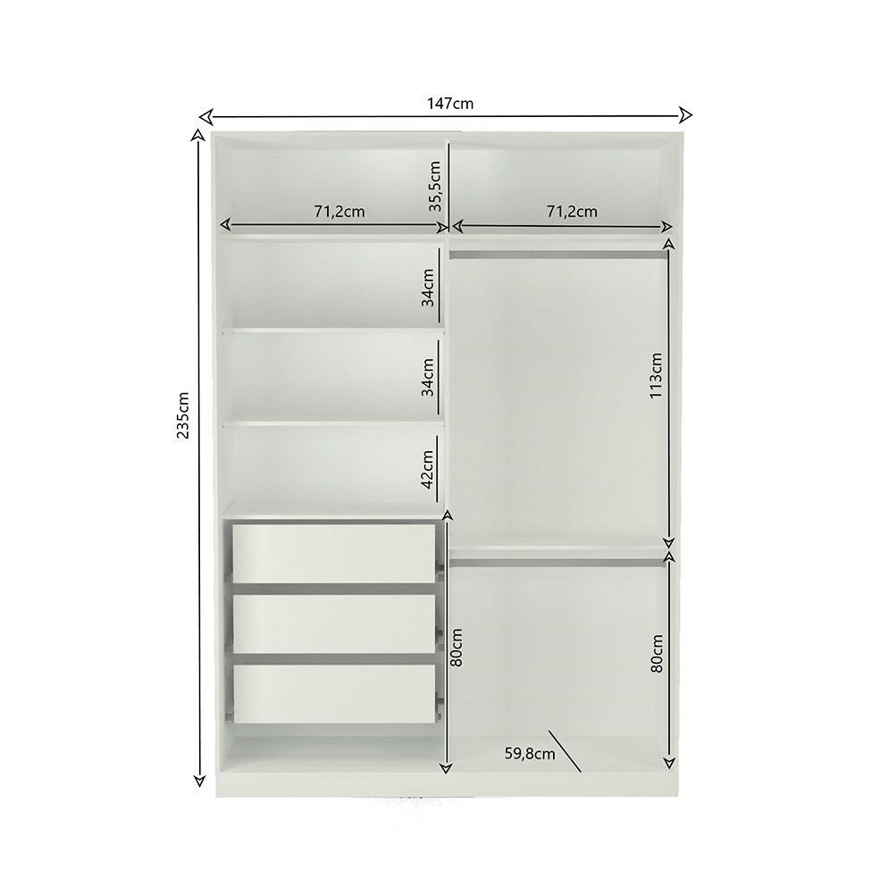 Guarda-Roupa Solteiro com Espelho Tunas V 2 Portas 3 Gavetas Branco