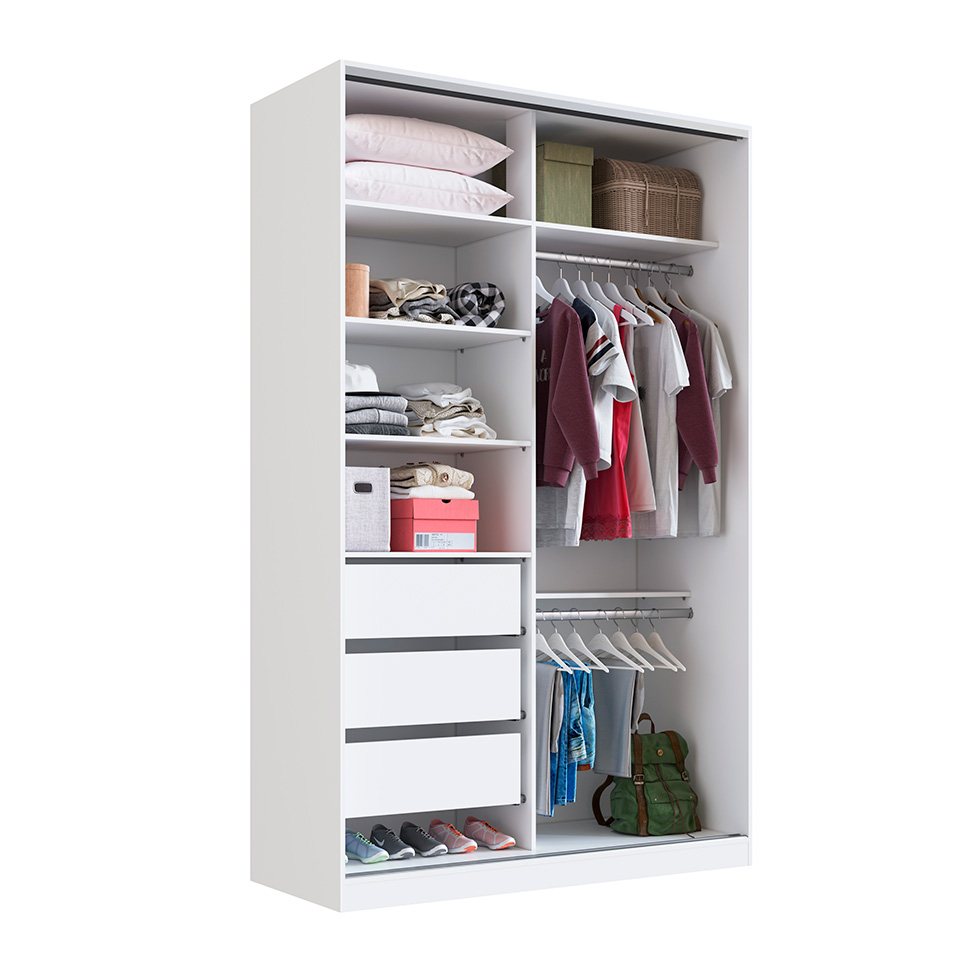 Guarda-Roupa Solteiro com Espelho Tunas VI 2 Portas 3 Gavetas Branco