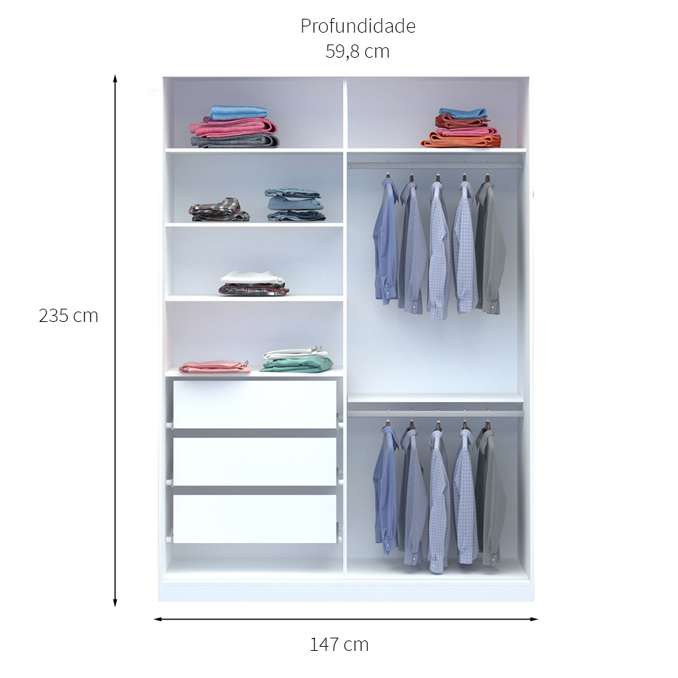 Guarda-Roupa Solteiro com Espelho Tunas VI 2 Portas 3 Gavetas Branco