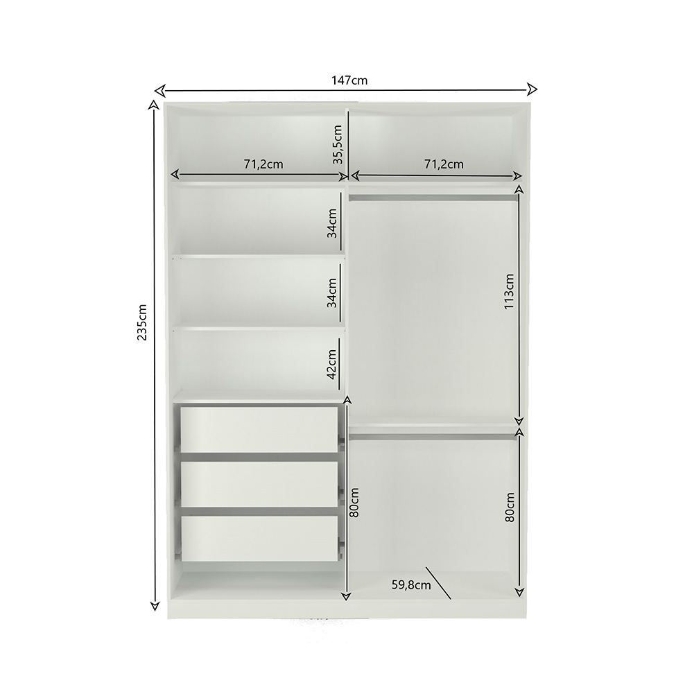 Guarda-Roupa Solteiro com Espelho Tunas VI 2 Portas 3 Gavetas Branco