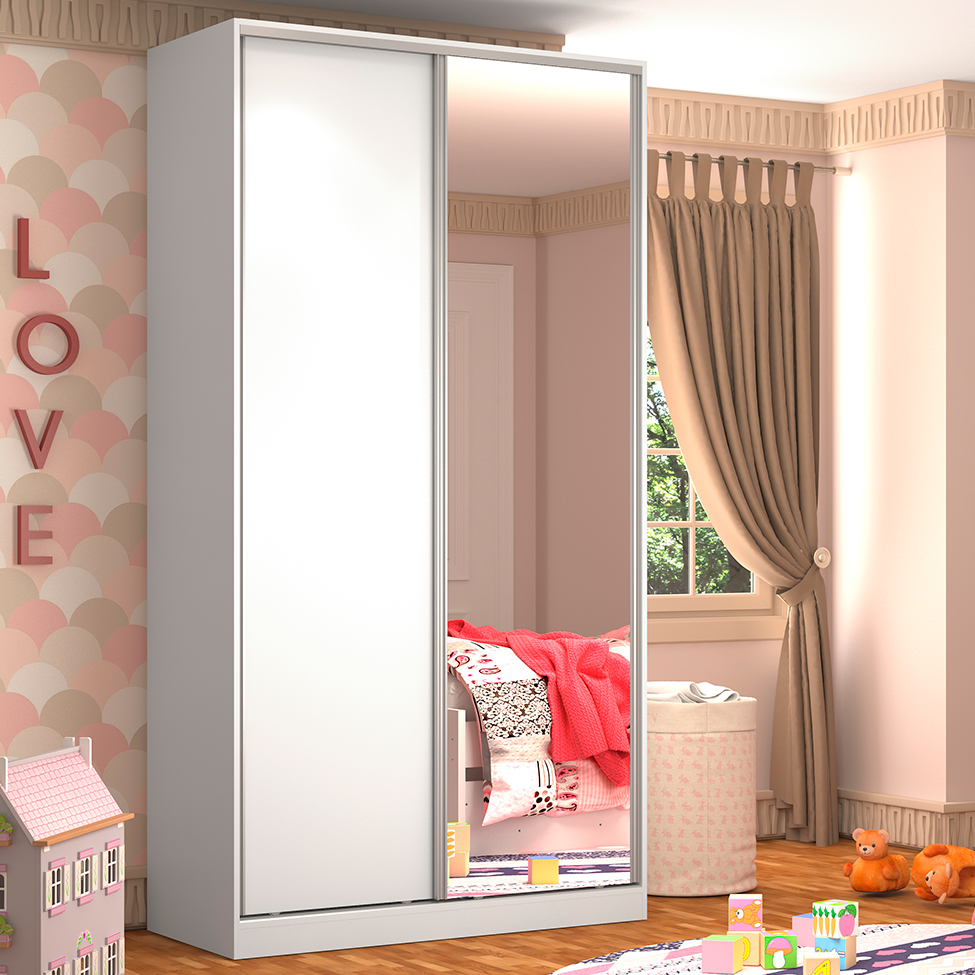 Guarda-Roupa Solteiro com Espelho Tunas VII 2 Portas 3 Gavetas Branco