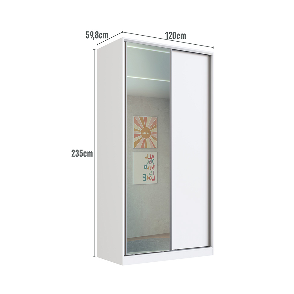 Guarda-Roupa Solteiro com Espelho Tunas VII 2 Portas 3 Gavetas Branco
