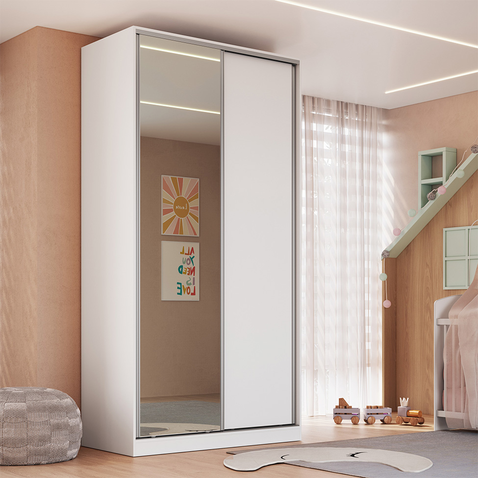 Guarda-Roupa Solteiro com Espelho Tunas VII 2 Portas 3 Gavetas Branco