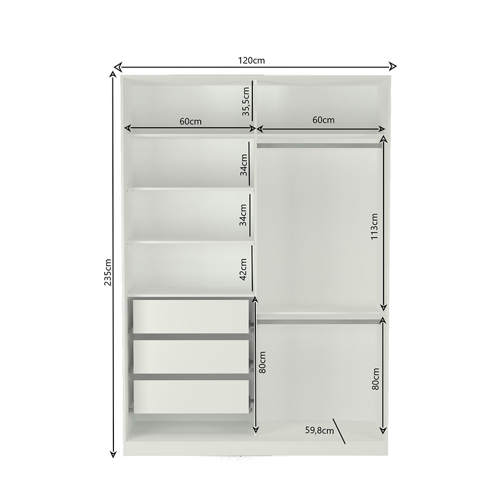 Guarda-Roupa Solteiro com Espelho Tunas VIII 2 Portas 3 Gavetas Branco