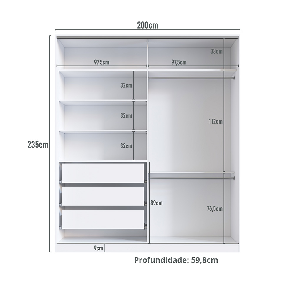 Guarda-Roupa Solteiro com Espelho Tunas X 2 Portas 3 Gavetas Branco