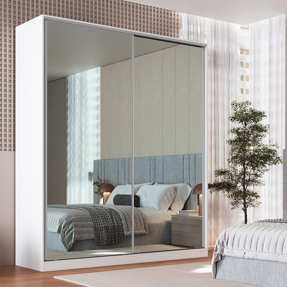 Guarda-Roupa Solteiro com Espelho Tunas X 2 Portas 3 Gavetas Branco